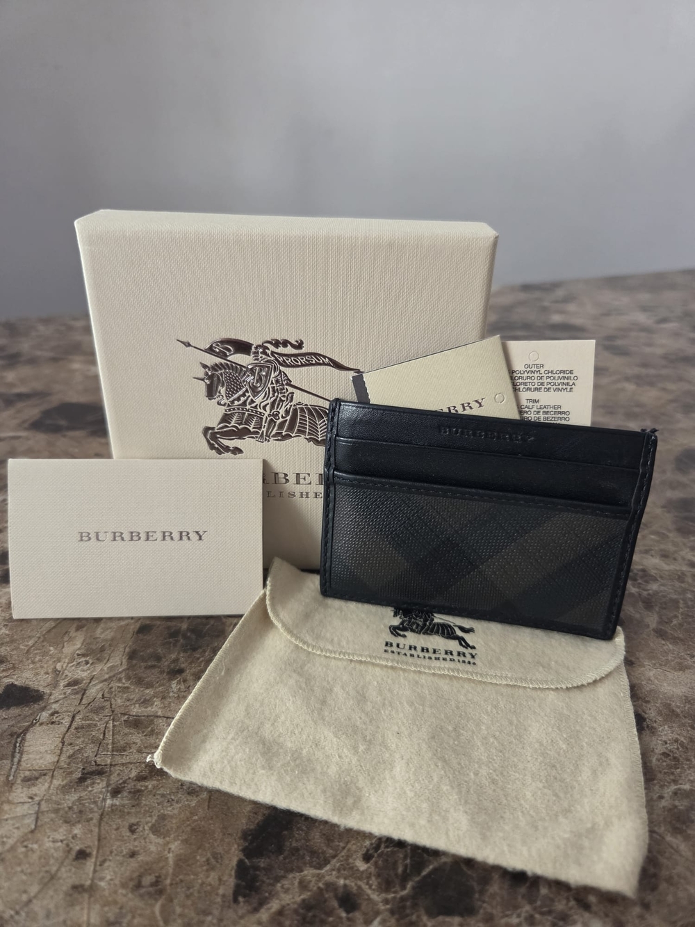 Burberry Black & Dark Gray Check Leather Card Holder